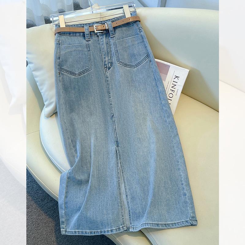 

Женская юбка миди А-силуэта из светлого денима с завышенной талией и разрезом, коллекция весна/лето 2025 27/M, for 95-105 jin