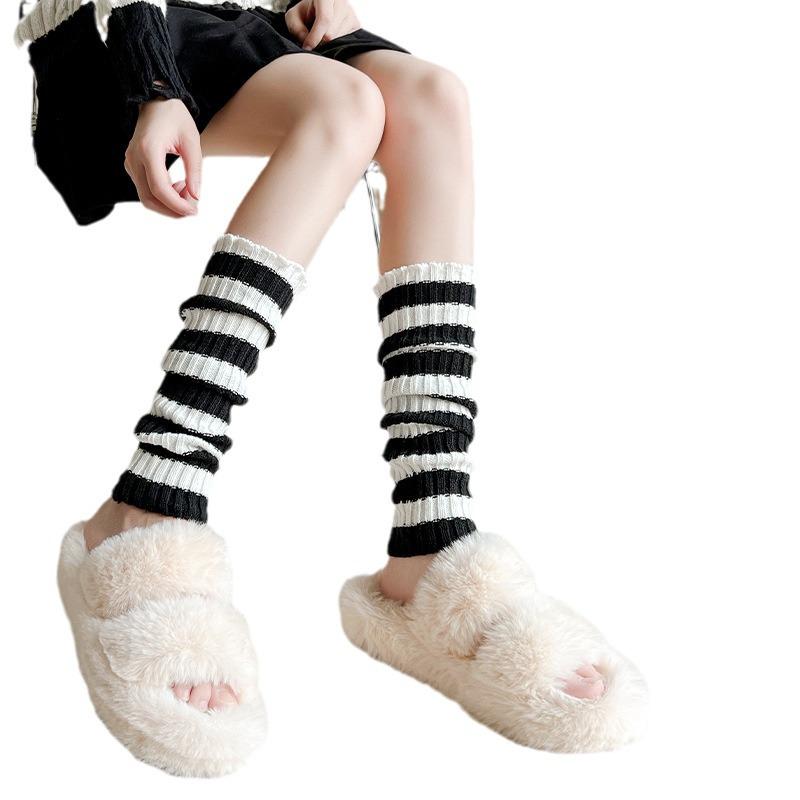 Women's Black & White Striped Knee-High Lolita Socks for Autumn & Winter - Cute Japanese-Style Mid-Calf Leg Warmers