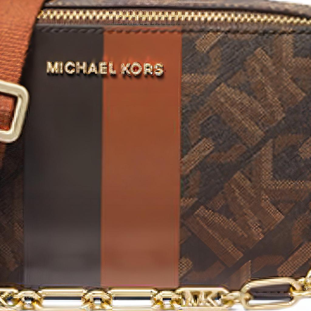 Michael Kors MK Jet Set Logo Stripe Classic Monogram Zipper Closure Faux Leather Camera Bag Women Shoulder Bag Dark-Brown 32H3GJ6C1B-277