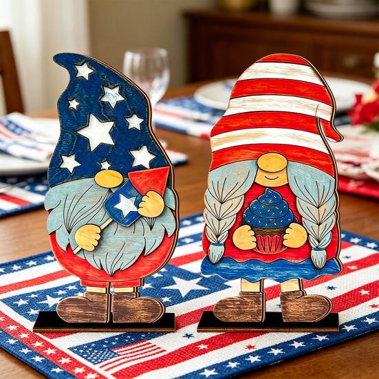 2 Pcs 4th of July Patriotic Gnome Table Decoration Red Blue White American Gnome Freestanding Wooden Sign for Independence Memorial Day Party Decor