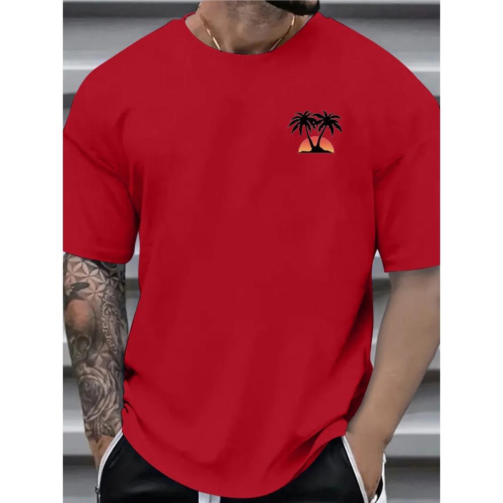 Men's Summer Cotton Fashionable Casual Loose Sports Coconut Tree and Sunset Pattern Printed Round Neck Short Sleeved T-shirt