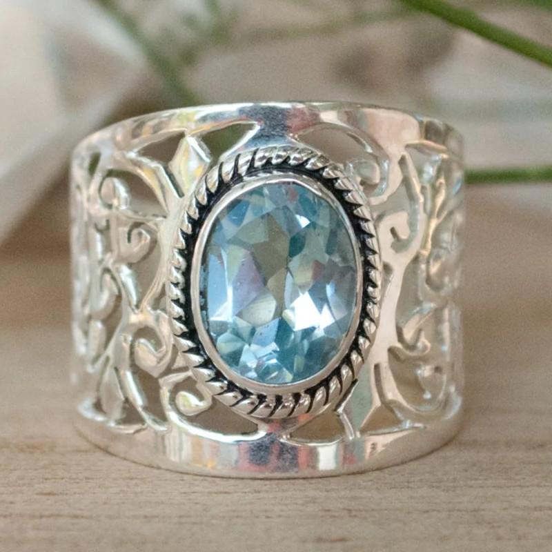 Huitan Hollow Out Wide Ring with Oval Sky Blue Stone Trendy Accessories for Women Wedding Party Female Rings Statement Jewelry