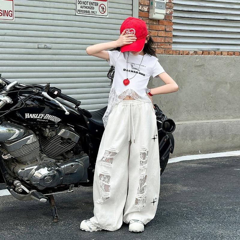 Girls' Jazz Dance Lace Ribbon T-shirt & Ripped Wide-leg Pants Set - Summer 2026 Arrival for Medium & Older Kids
