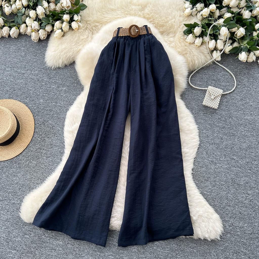 Summer Women Chic Boho Cotton Linen High Waist Wide Leg Pocket Pant Trouser With Belt For Girls