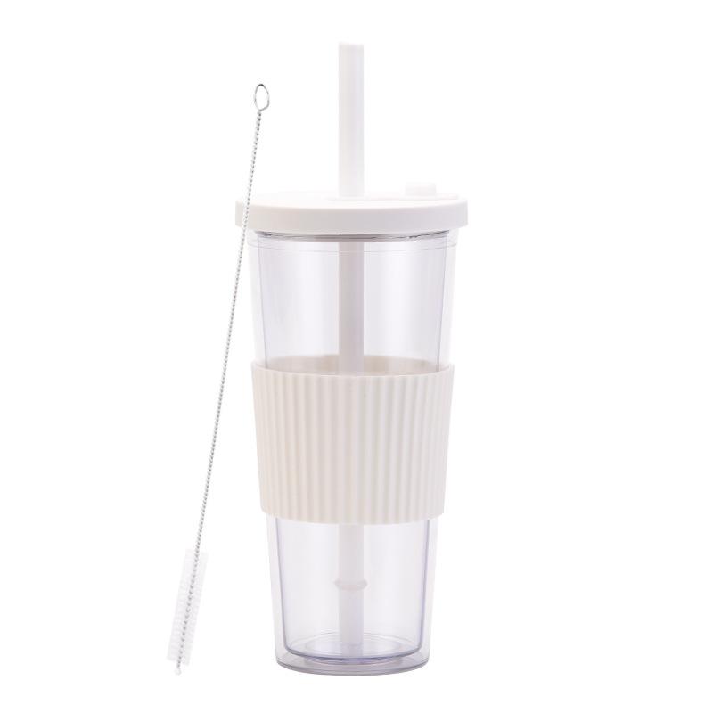 2025 Large Capacity Double Layer Plastic Cup Large Hole Straw Pearl Boba Milk Tea Cup Portable Outdoor Straw Cup