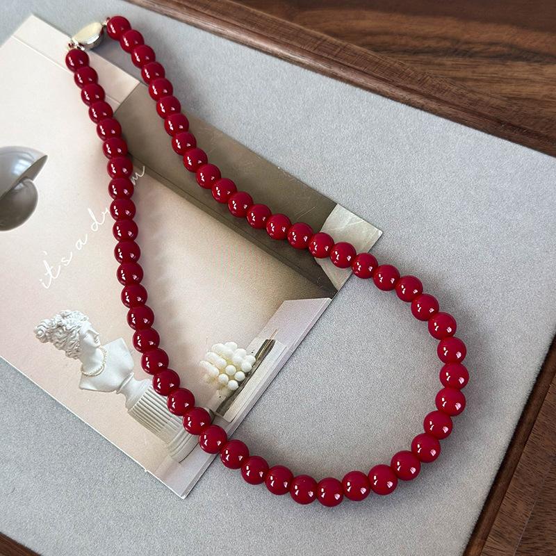 Minar Classic 6 8 10mm Red Color Glass Beads Strand Beaded Necklace for Women Silver Plated Ingot Clasp Sweater Chain Choker