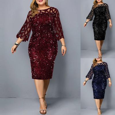 Lady Petticoats Plus Size Women O Neck 3/4 Sleeve Sheer Patchwork Shiny Sequins Bodycon Knee-length Dress