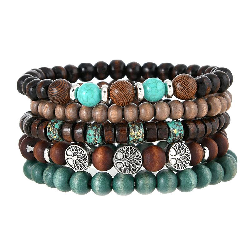Счастливое Дерево Жизни Шарм Рука Подарки Бохо Деревянные Бусины Браслеты Женские Мужские Многослойные Наслаиваемые Этнический Стиль Браслеты на Запястье