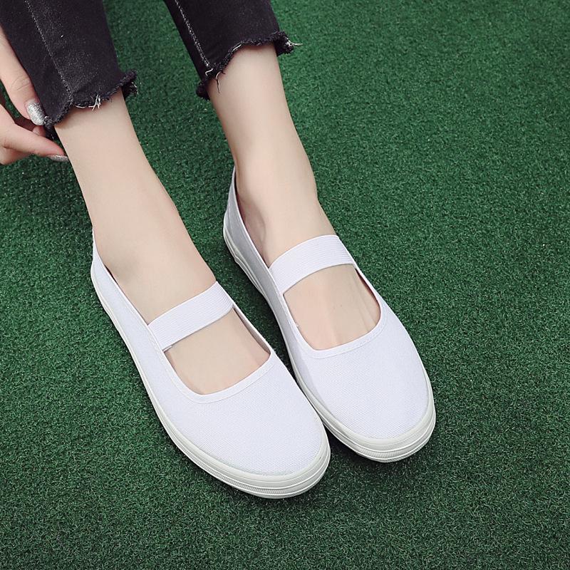 Women's White Non-Slip Elastic Band Flats - Comfortable for Work, Nursing, Dance, Spring & Autumn.