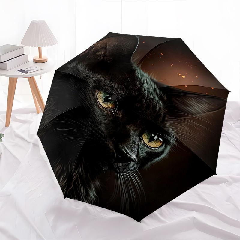 Schwarze Katze, Goldene Augen - Automatischer Regenschirm, Vierjahreszeiten Tragbarer Faltregenschirm, Geeignet für Männer und Frauen, Reise, Täglicher Kompakter Regenschirm