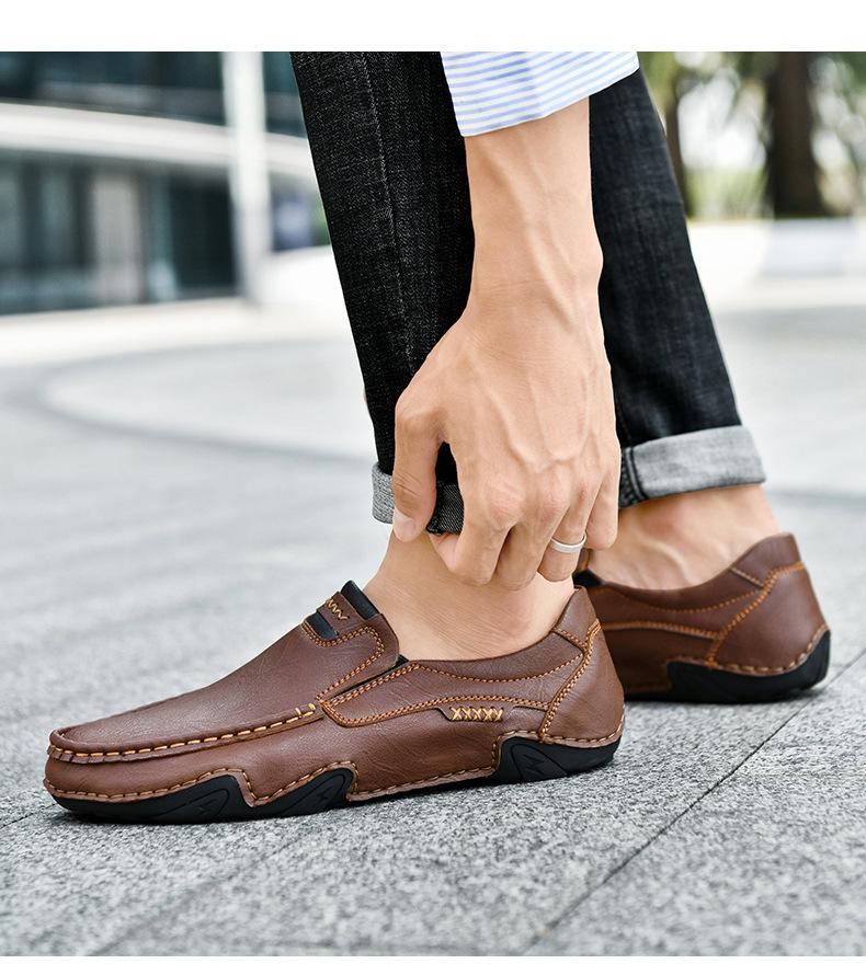 Men's Leather Slip-On Casual Loafers - Hand-Stitched, Flat, Low-Top, Large Size