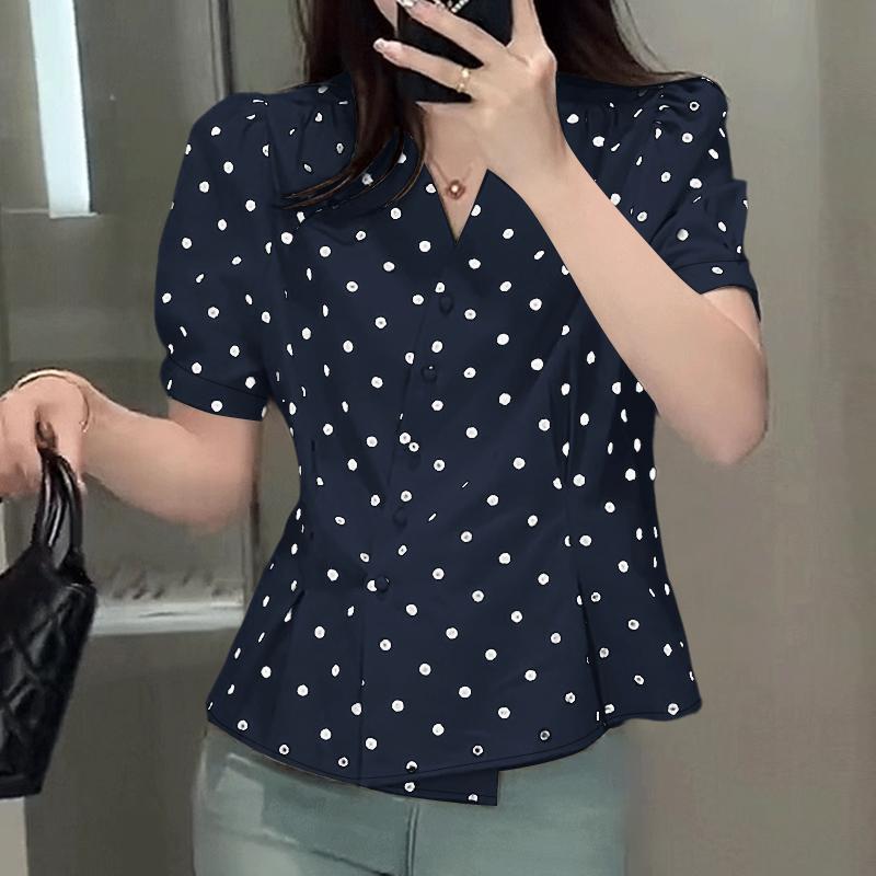 

ZANZEA Женская летняя блузка с V-образным вырезом, коротким рукавом и принтом в горошек, повседневная 4XL темно-синий
