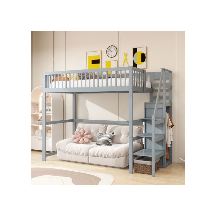 Lit mezzanine - MUVOE - 90x200 - Bois massif - Échelle de sécurité - Gris