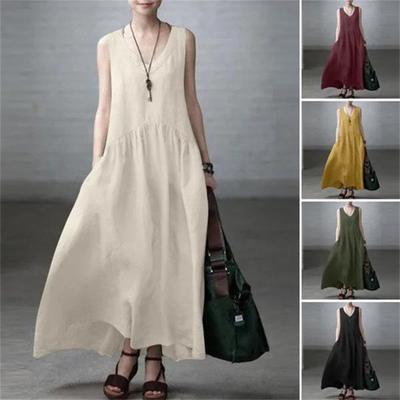 Women's Summer Cotton Linen Maxi Dress Casual V Neck Sleeveless Tank Dress Flowy Beach Pleated Sundress
