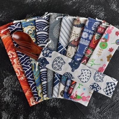 Japanese Style DIY Travel Storage Bag Drawstring Pocket Straw Tableware Portable Drawstring Spoon Chopsticks Cloth Bag