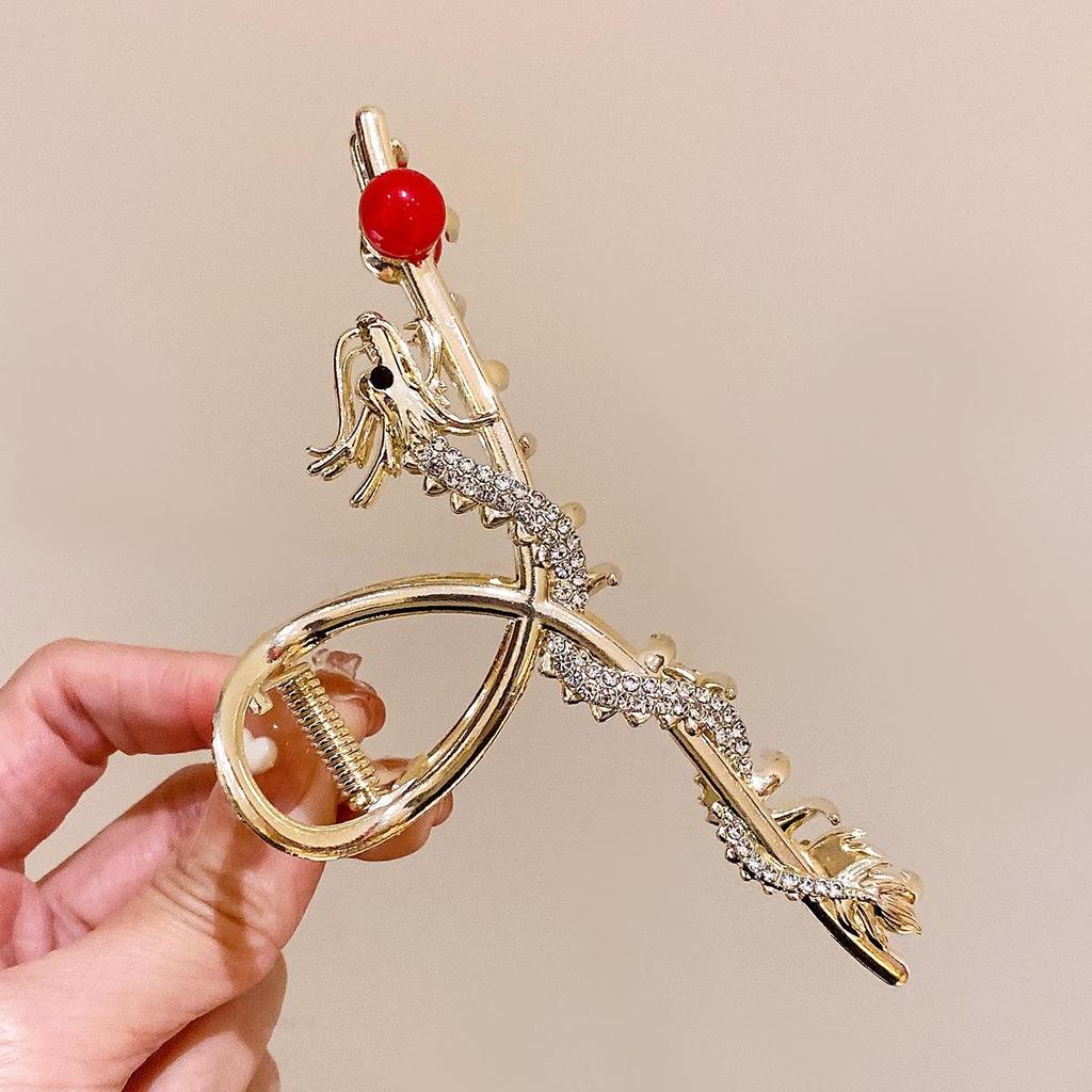 "Elegante Fermaglio per Capelli Anno del Drago: Pinza per Capelli a Forma di Squalo Stile Cinese con Strass di Alta Gamma per Donne"