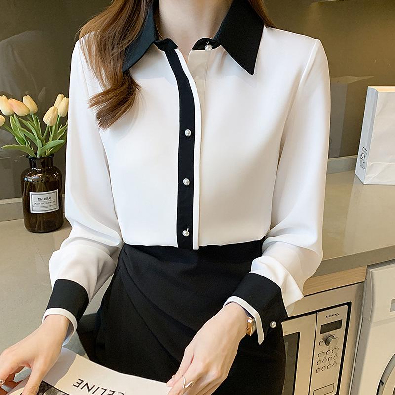 

2026 Spring Korean Style Silk Color Block Long Sleeve Women s Fashion Shirt X-Large білий