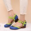 New European and American One-word Belt Imitation Leather Green Round Head Thick Heel Buckle Fashion Sandals