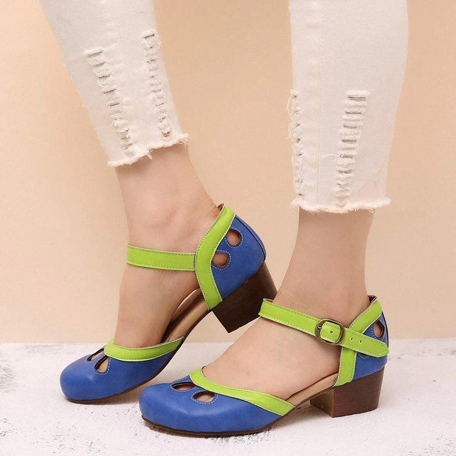 New European and American One-word Belt Imitation Leather Green Round Head Thick Heel Buckle Fashion Sandals