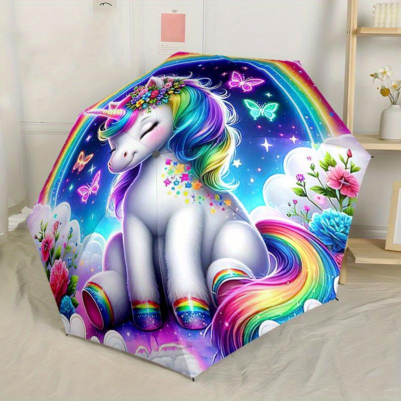 Rainbow Unicorn Automatic Folding Umbrella Compact Lightweight For Outdoor Adventures Daily Use Birthday Christmas Valentine'S Day Gift Travel