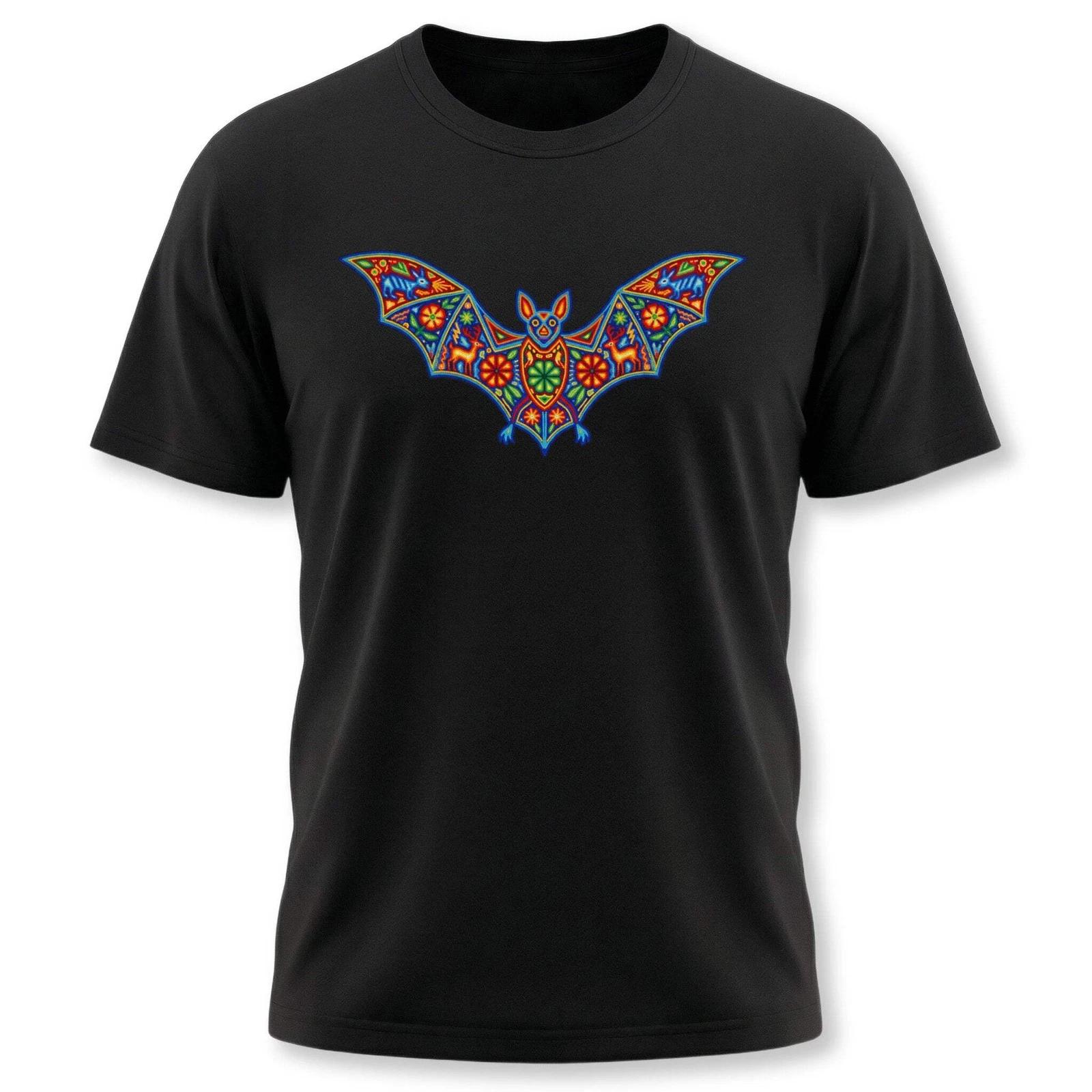 Huichol Bat T-Shirt | Vibrant Mexican Folk Art Graphic Unisex Tee Shirt M