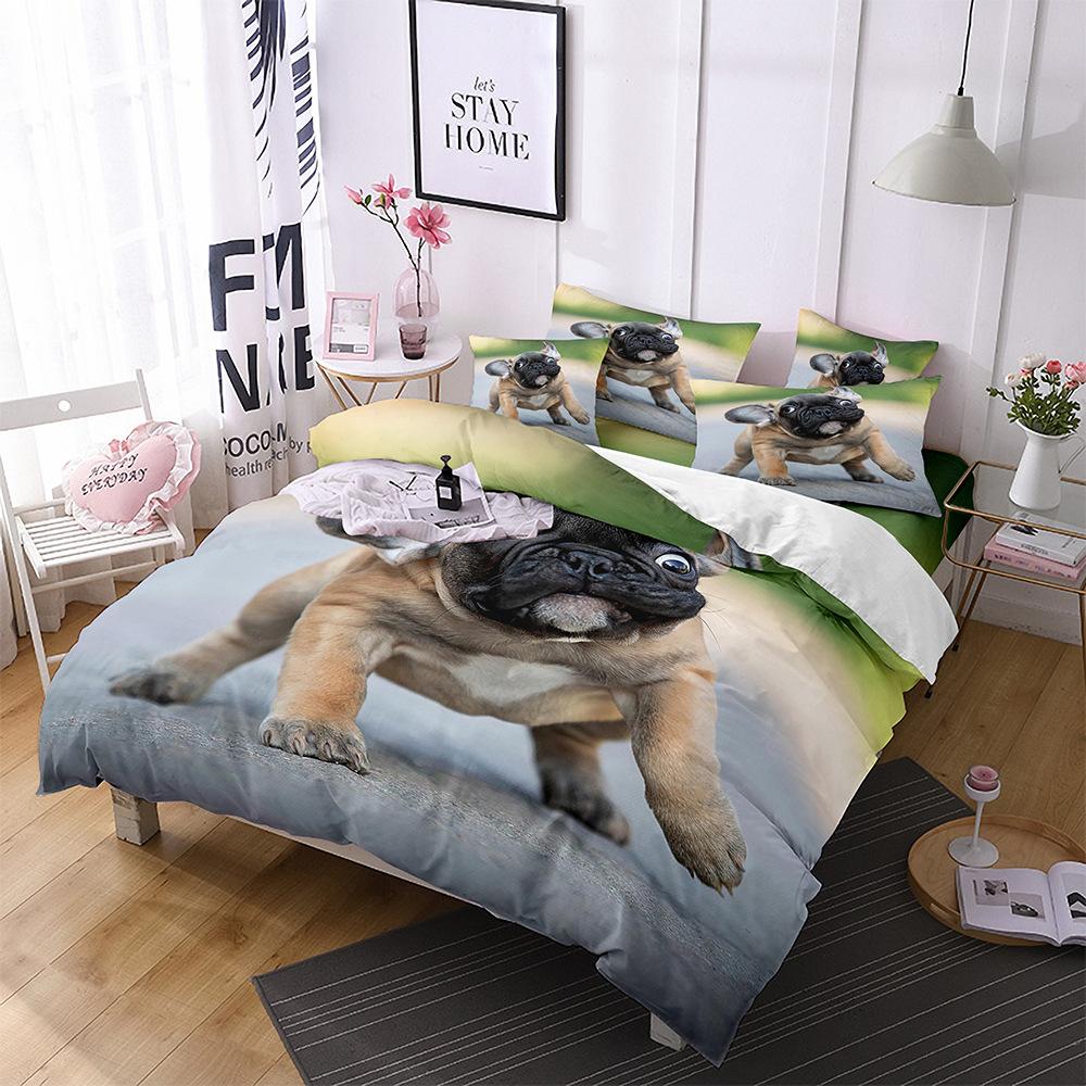 Dog Duvet Cover Set 3D Animal Theme Polyester Bedding Set Queen King Size Cute Pug Dog Printed Cover For Kids Teen Boy Bedspread