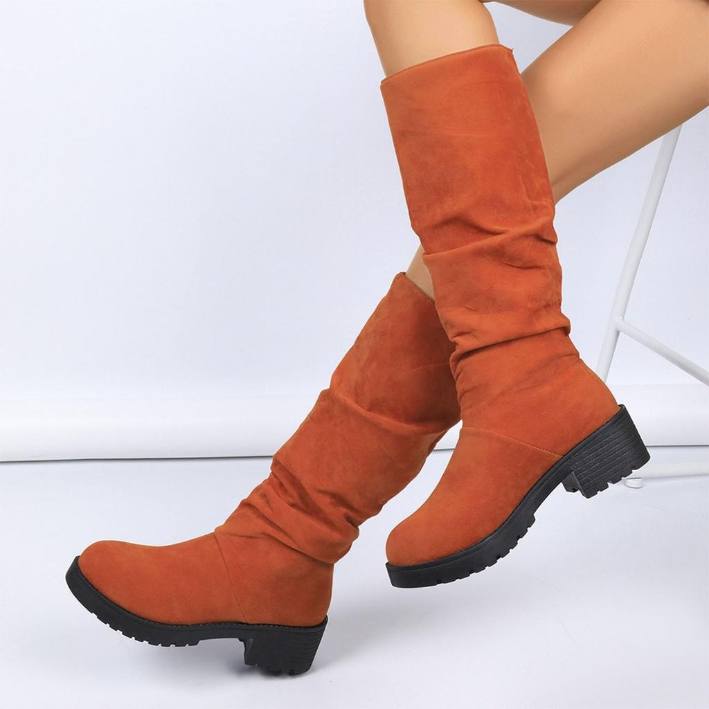Damen Wintermode Hohe Wadenstiefel Einfarbig Lässig Stretch Kniehohe Stiefel Profilsohle Blockabsatz Stiefeletten