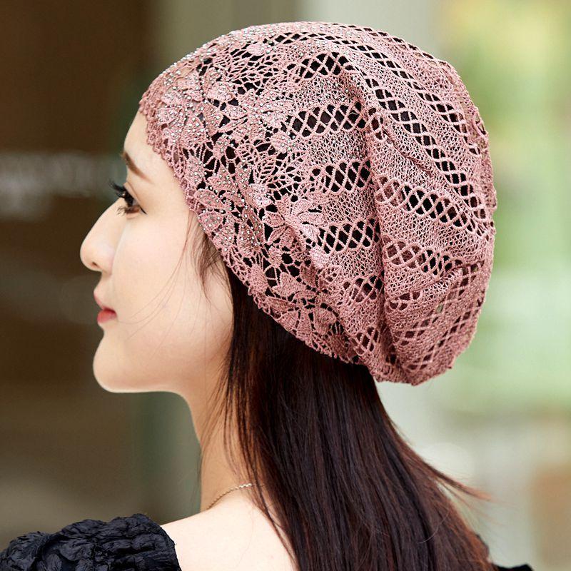 Women's Single Layer Hollow Slouchy Hat Summer Stylish Rhinestone Flower Turban Fashion Lace Pull-On Cap