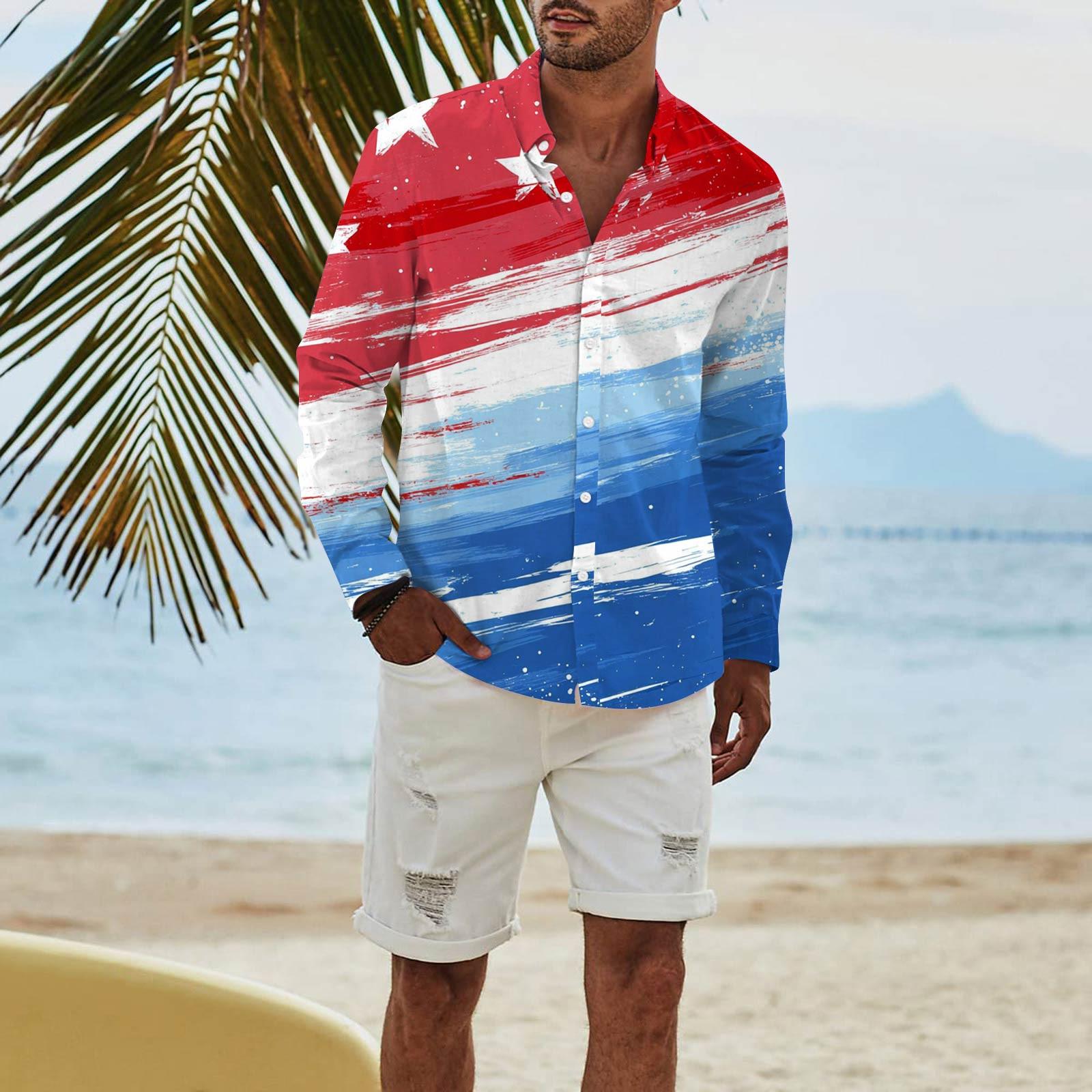 

Мужская модная повседневная футболка с длинным рукавом и принтом «День независимости» на пуговицах, рубашка обычного кроя L красный