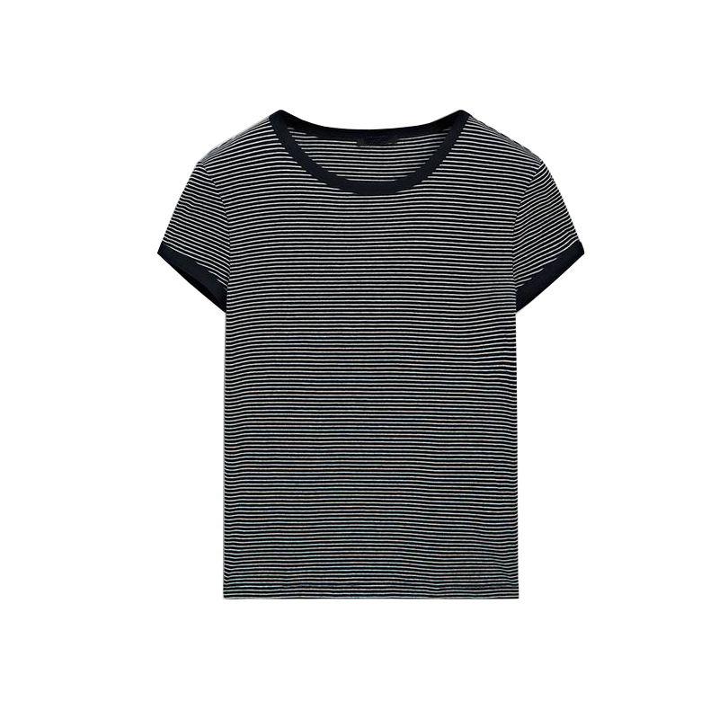MD Spring/Summer New Arrival Women's Clothing Casual Preppy Style Comfortable Cotton Contrast Color Stripes round Neck Short Sleeve T-shirt 6205545