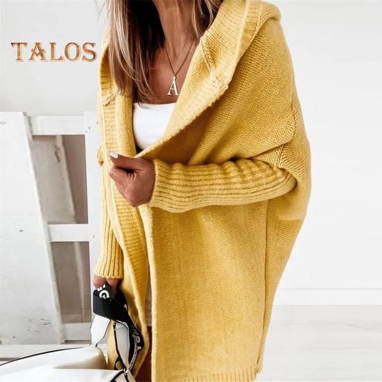 Women Sweater Coat Hooded Long Sleeve Ribbed Cuffs Open Front Knitting Coat Solid Color Mid-length Sweater Cardigan