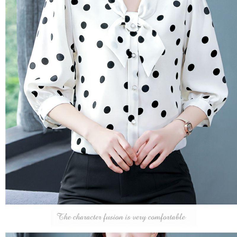 Modisches, viertelärmeliges Chiffon-Hemd mit Schalkragen, bodenlange Bluse, schmale Passform, Sommer, dünnes, kurzes Polka-Dot-Print-Top, M-5XL