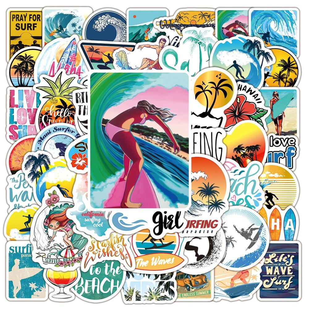 50 ks nálepek na surfování pro dospívající dívky Nálepky na surfovací notebook na láhve na surfovací prkno Vodotěsné vinylové nálepky na surfovací prkno Balíček nálepek na surfování
