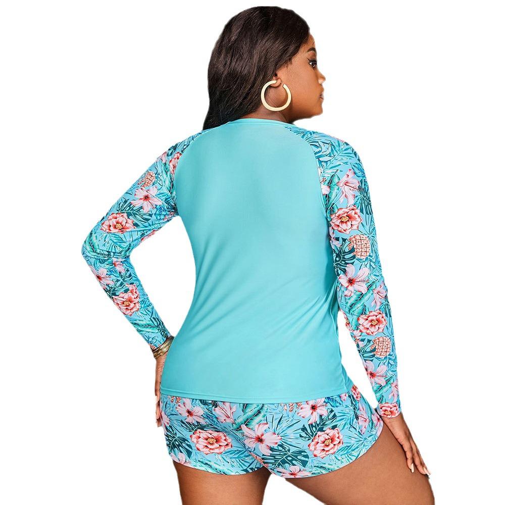 2025 Plus Size European & American Print Bikini with Long Sleeve and Split Short Pants