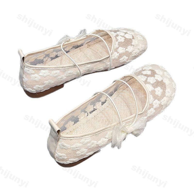Fashion Women's Flats Shoes 2025 New Summer Lace Embroidered Mesh Shoes Mary Jane Breathable Comfortable Ladies Outdoor Leisure Shoes