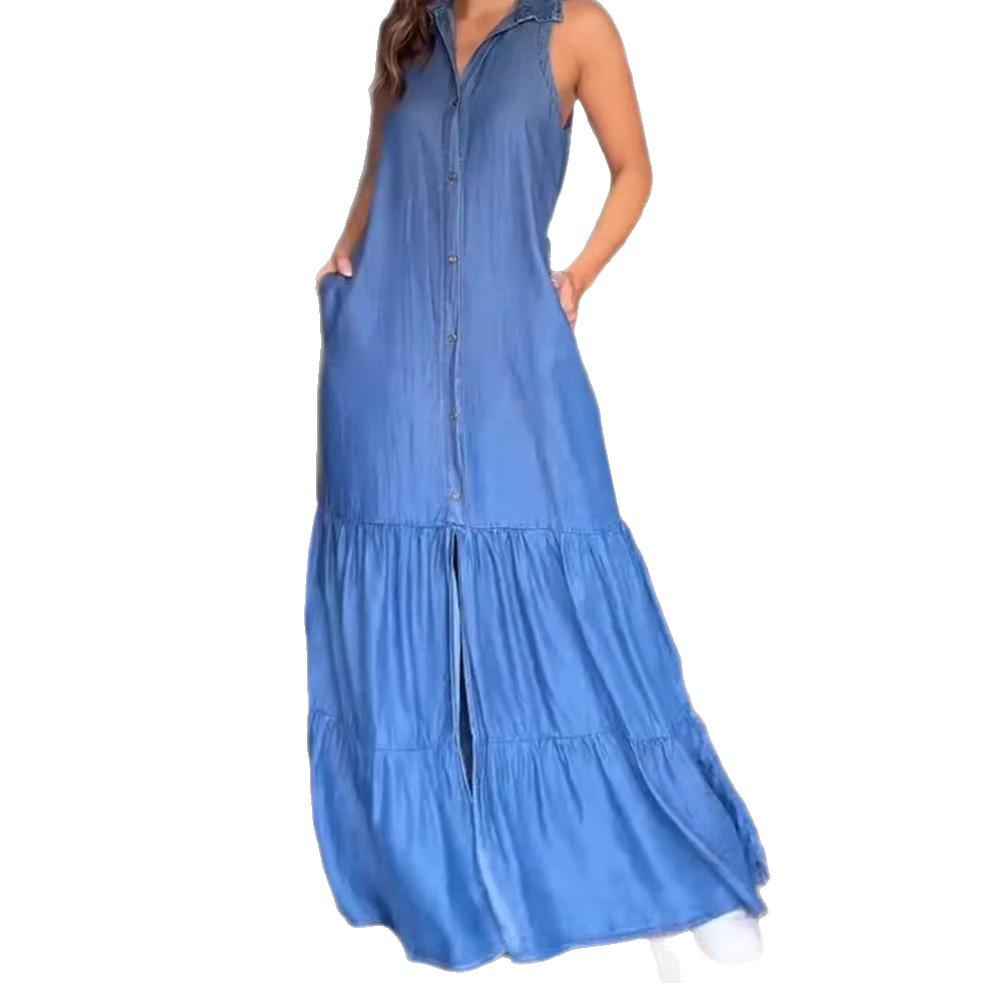 2026 Euro-American Loose Sleeveless Denim Shirt with Layered Skirt