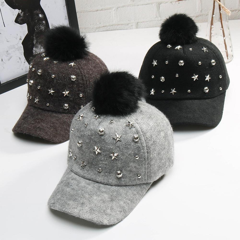 Fashion Rivets Kids Baseball Cap Winter Warm Cute Fluffy Ball Cold-Proof Hat Birthday Christmas Gifts
