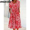 IHUASU 30 Color Pleated Midi Dress Short Sleeve Round Neck Loose Hem Mid-Calf Length Women Floral A-Line Party Dress Casual Wear