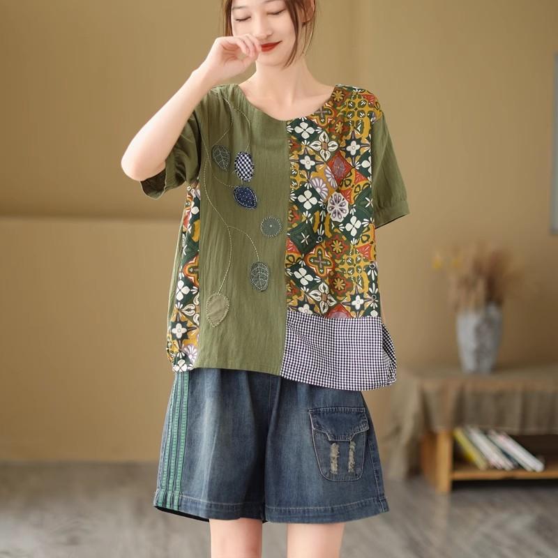 DIMANAF 2024 Verão Plus Size Mulheres Camisetas Estampa Floral Elegante Manga Patchwork Tops Tees Solto Casual Camisa de Linho 91688