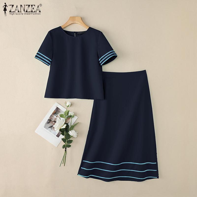 ZANZEA Women Short Sleeve Blouse and Skirts Summer Two Piece Suit Sets