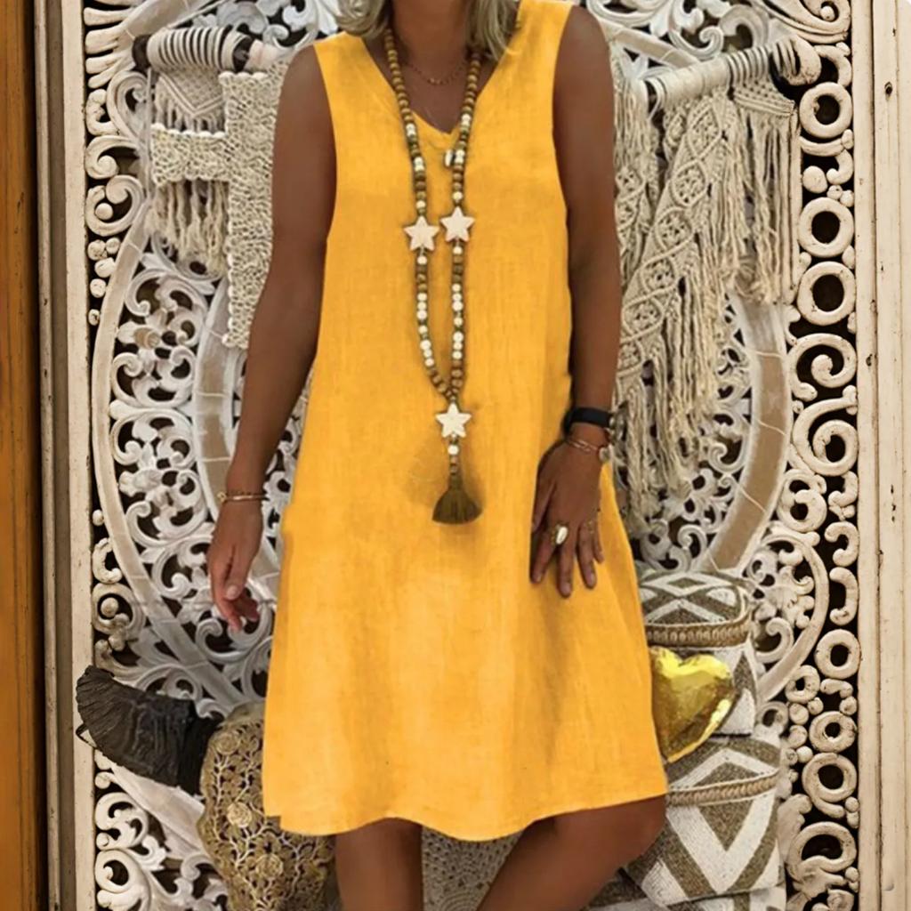 Yousheng Lady Summer Dress Sleeveless V Neck A-line Solid Color Knee Length Midi Dress Pullover Vest Type Vacation Beach Dress