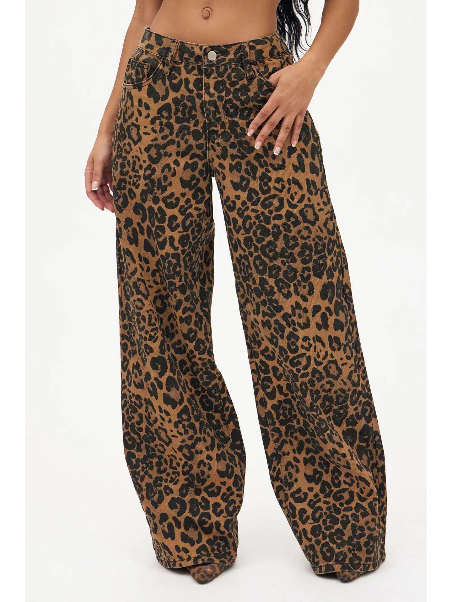 Women s High Waist Leopard Print Retro Wide Leg Jeans Large