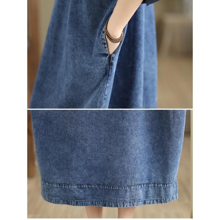 Vintage Blau Denim Maxikleid Übergröße Damen Locker Lässig Baumwolle Basic Langes Kleid