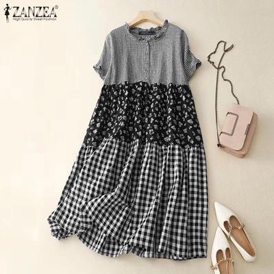 Women Casual Round Neck Short Sleeve Plaid Floral Print Loose Shirt Dress