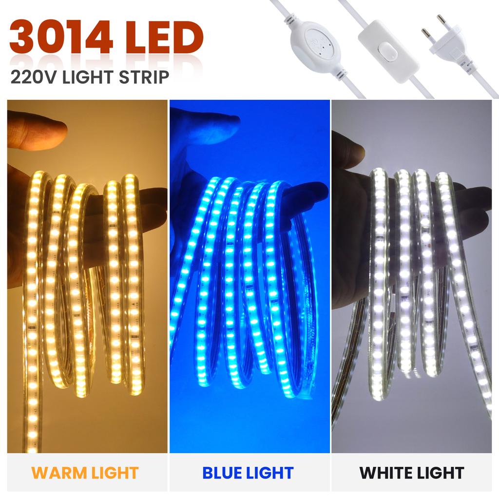 AC 220V LED Strip Light 120 LEDs/M IP65 Waterproof Flexible Ribbon Warm Natural White Blue Home Decor With On Off Switch