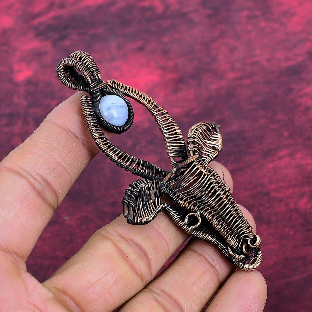 Blue Lace Agate Gemstone Pendant Copper Wire Wrapped Pendant Cow Face Jewelry