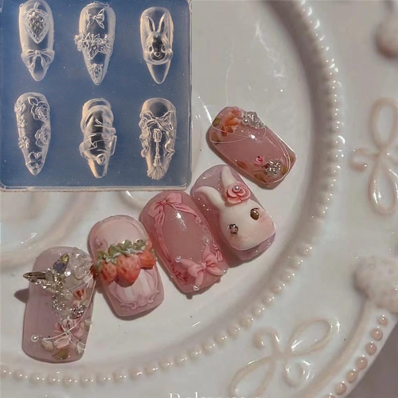 Lace Bow Strawberry 3D Silicone Mold DIY Nail Art Decor Cartoon Rabbit Flower Transparent Mold Manicure Design Tool