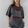 Women's Round Neck Short Sleeve Rhinestone Tee Loose Fit Vintage Washed Letter Printed Top