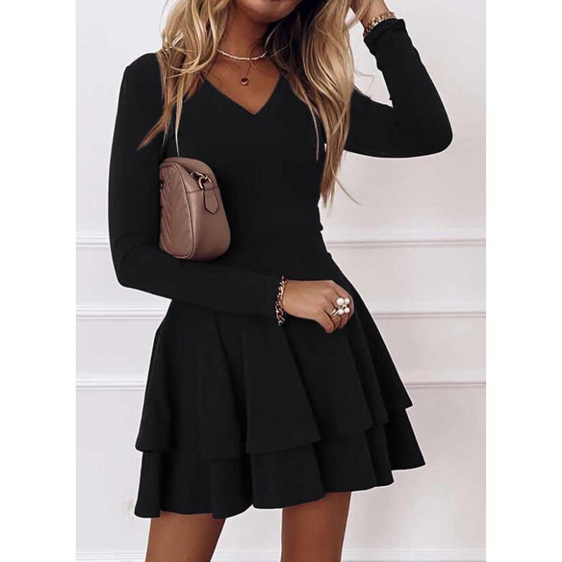 JPNTKY Fashion Summer Spring Solid Color Print Long Sleeve V-Neck Casual Dresses