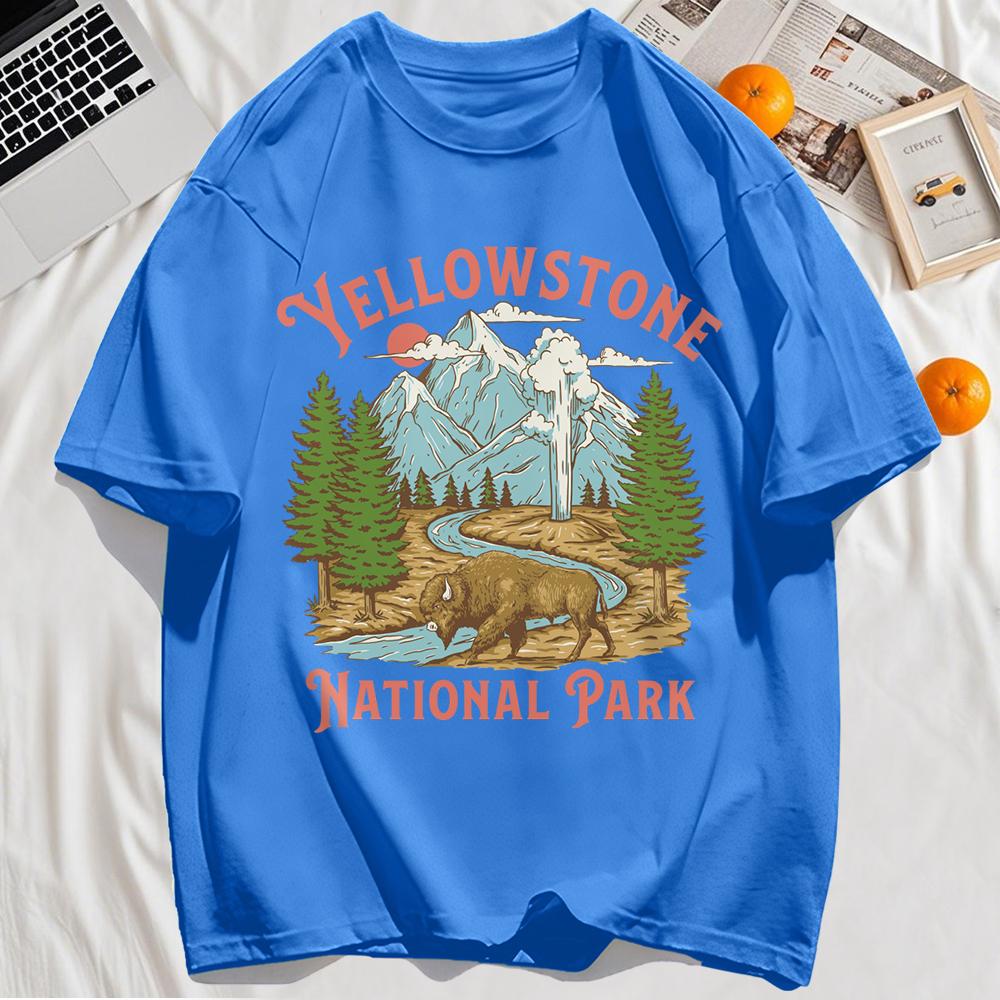 Yellow Stone National Park Printing T-Shirt Men Cotton Oversized T Shirt Clothes Casual Summer Sportswear